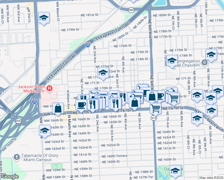map of restaurants, bars, coffee shops, grocery stores, and more near 290 Northeast 169th Street in North Miami Beach