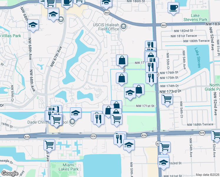 map of restaurants, bars, coffee shops, grocery stores, and more near 17272 Northwest 60th Court in Hialeah