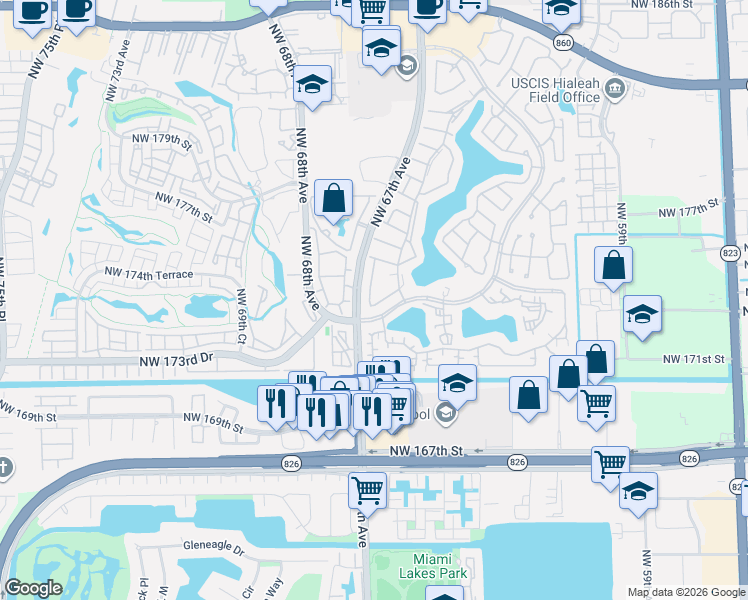 map of restaurants, bars, coffee shops, grocery stores, and more near 6642 Northwest 173rd Lane in Hialeah