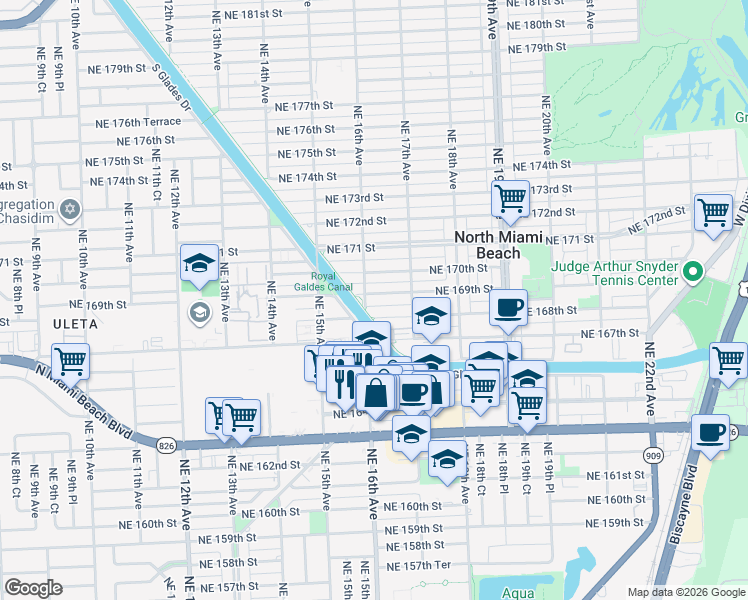map of restaurants, bars, coffee shops, grocery stores, and more near 1635 Northeast 168th Street in North Miami Beach