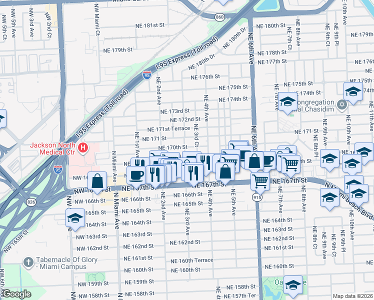 map of restaurants, bars, coffee shops, grocery stores, and more near 290 Northeast 169th Street in North Miami Beach