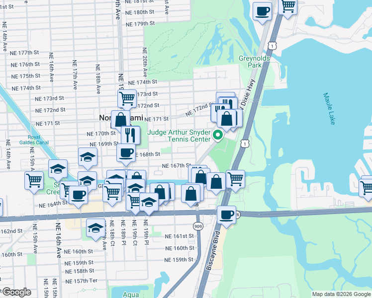 map of restaurants, bars, coffee shops, grocery stores, and more near 2158 Northeast 168th Street in North Miami Beach