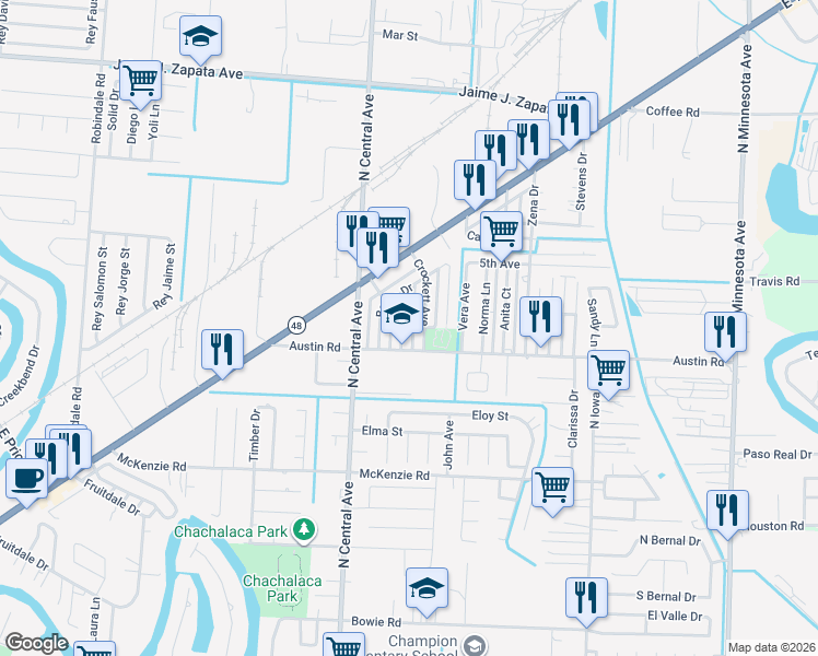map of restaurants, bars, coffee shops, grocery stores, and more near 1104 Milam Ave in Brownsville