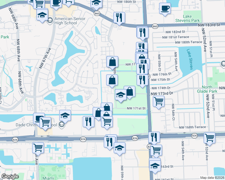 map of restaurants, bars, coffee shops, grocery stores, and more near 5890 Northwest 173rd Drive in Hialeah