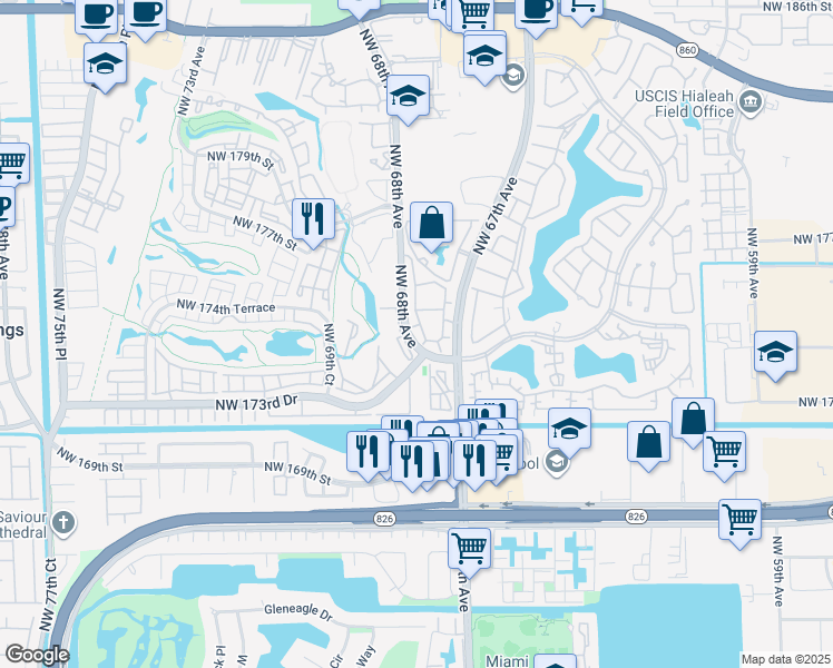 map of restaurants, bars, coffee shops, grocery stores, and more near 17300 Northwest 68th Avenue in Hialeah