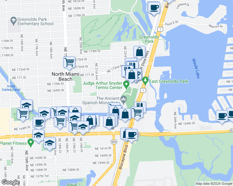 map of restaurants, bars, coffee shops, grocery stores, and more near 16771 Dixie Highway in North Miami Beach