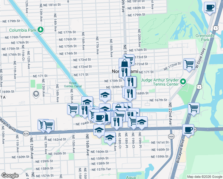 map of restaurants, bars, coffee shops, grocery stores, and more near 1793 Northeast 168th Street in North Miami Beach
