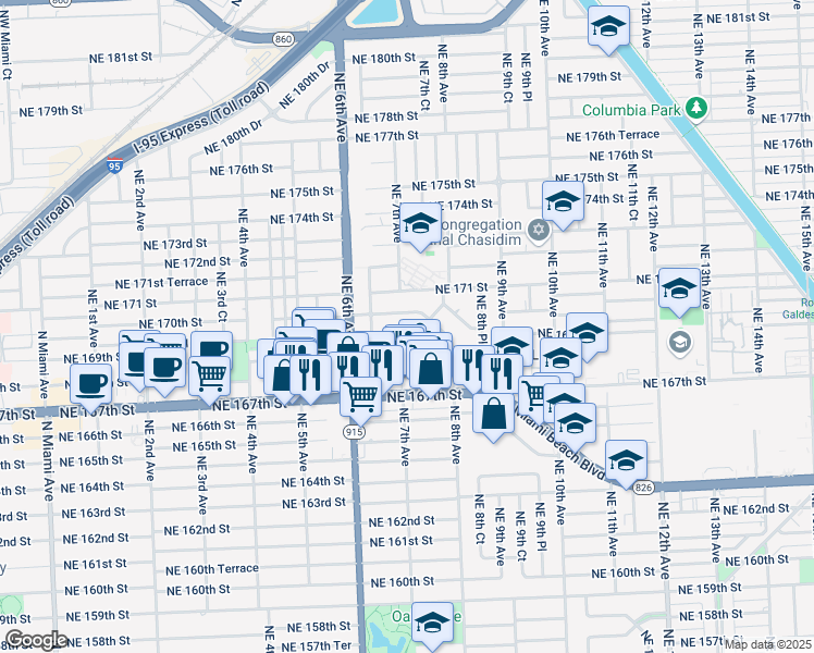map of restaurants, bars, coffee shops, grocery stores, and more near 751 Northeast 168th Street in North Miami Beach