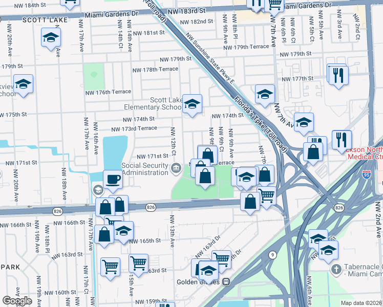 map of restaurants, bars, coffee shops, grocery stores, and more near 17030 Northwest 11th Avenue in Miami Gardens