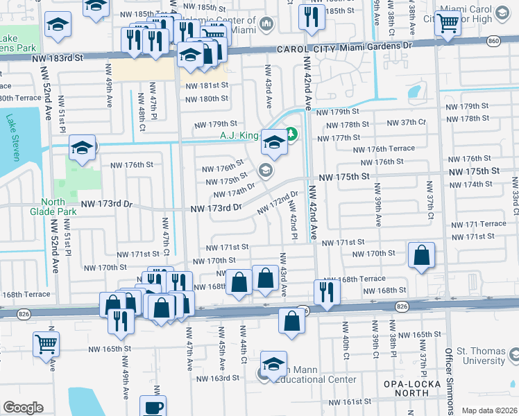 map of restaurants, bars, coffee shops, grocery stores, and more near 17221 Northwest 44th Avenue in Miami Gardens