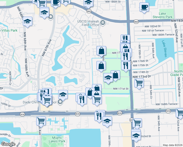 map of restaurants, bars, coffee shops, grocery stores, and more near 17272 Northwest 60th Court in Hialeah