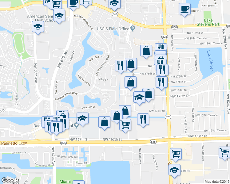 map of restaurants, bars, coffee shops, grocery stores, and more near 17272 Northwest 60th Court in Hialeah