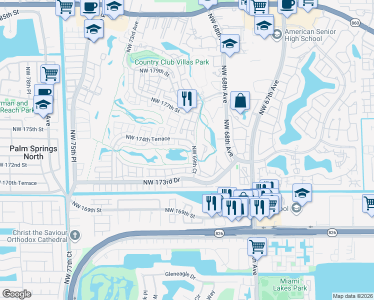 map of restaurants, bars, coffee shops, grocery stores, and more near 6921 Northwest 173rd Drive in Hialeah
