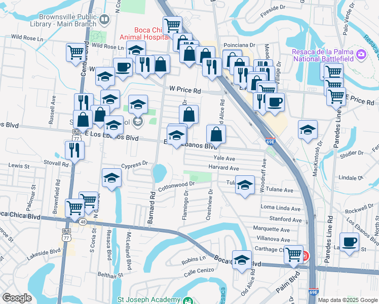 map of restaurants, bars, coffee shops, grocery stores, and more near 1300 East Los Ebanos Boulevard in Brownsville