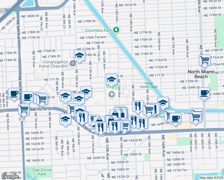 map of restaurants, bars, coffee shops, grocery stores, and more near 1247 Northeast 167th Street in Miami