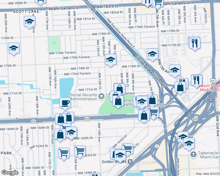 map of restaurants, bars, coffee shops, grocery stores, and more near 17030 Northwest 11th Avenue in Miami Gardens
