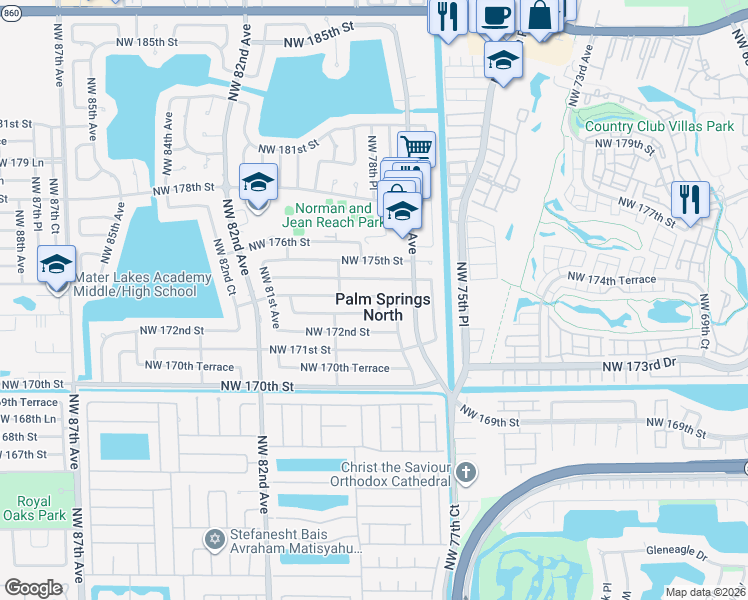 map of restaurants, bars, coffee shops, grocery stores, and more near 7884 Northwest 173rd Street in Hialeah