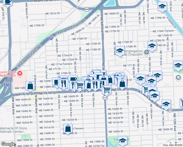 map of restaurants, bars, coffee shops, grocery stores, and more near 510 Northeast 169th Street in North Miami Beach
