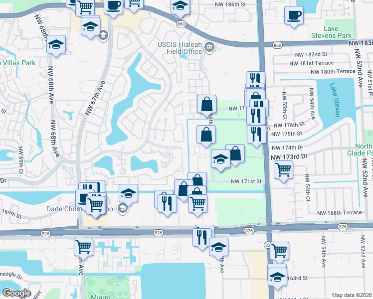map of restaurants, bars, coffee shops, grocery stores, and more near 17295 Northwest 60th Court in Hialeah
