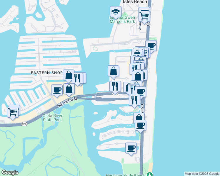 map of restaurants, bars, coffee shops, grocery stores, and more near 16900 North Bay Road in Sunny Isles Beach