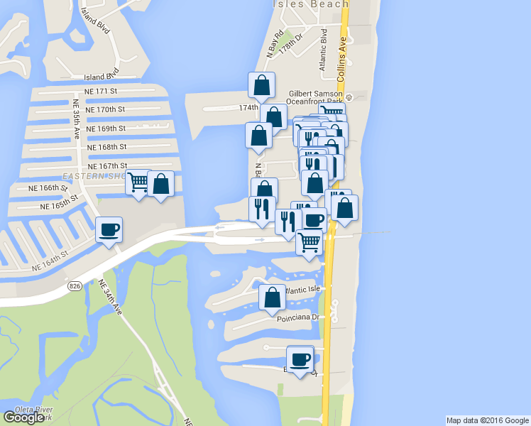 map of restaurants, bars, coffee shops, grocery stores, and more near in Sunny Isles Beach
