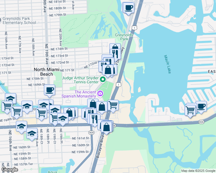 map of restaurants, bars, coffee shops, grocery stores, and more near 16789 Dixie Highway in North Miami Beach