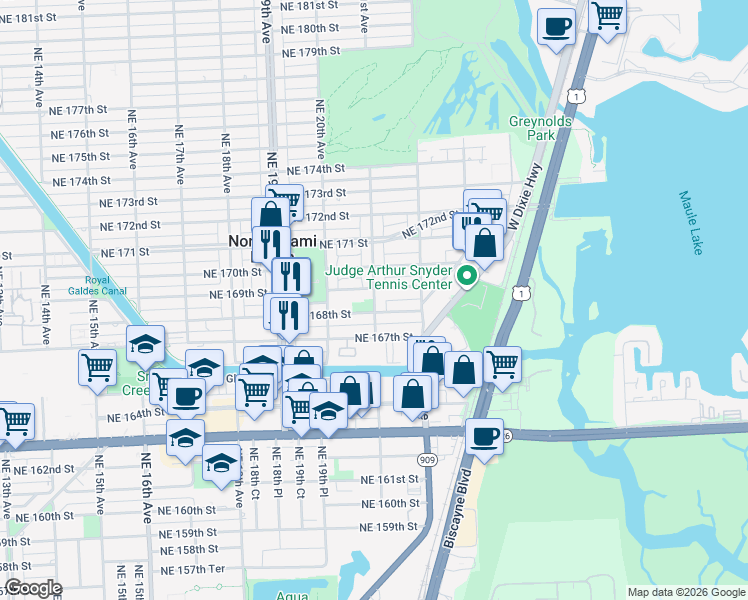 map of restaurants, bars, coffee shops, grocery stores, and more near 2070 Northeast 168th Street in North Miami Beach
