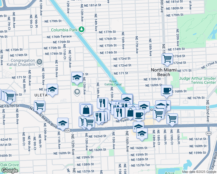map of restaurants, bars, coffee shops, grocery stores, and more near 16800 Northeast 15th Avenue in North Miami Beach