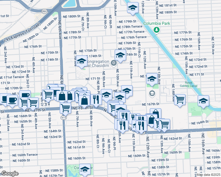 map of restaurants, bars, coffee shops, grocery stores, and more near in North Miami Beach