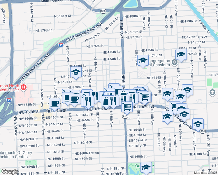 map of restaurants, bars, coffee shops, grocery stores, and more near 510 Northeast 169th Street in North Miami Beach