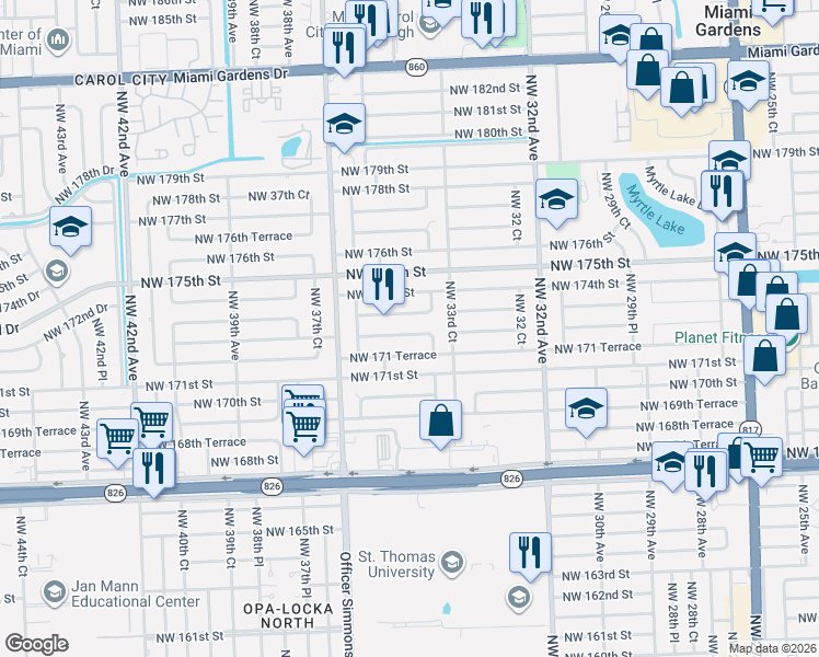 map of restaurants, bars, coffee shops, grocery stores, and more near 3411 Northwest 171 Terrace in Miami Gardens
