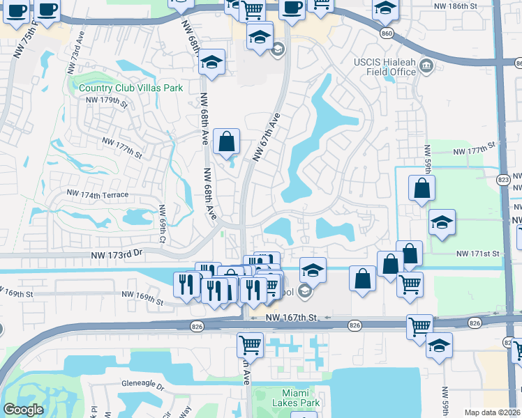 map of restaurants, bars, coffee shops, grocery stores, and more near 6642 Northwest 173rd Lane in Hialeah