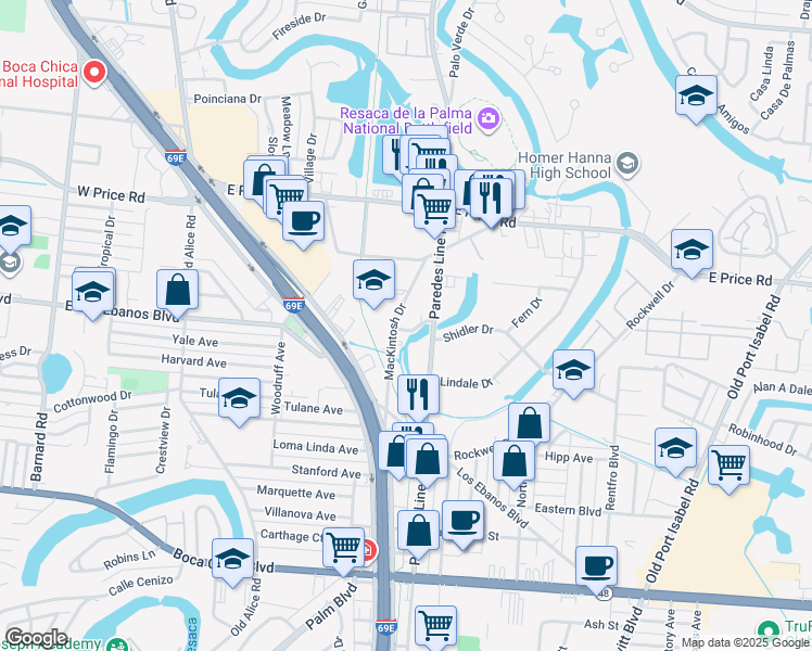 map of restaurants, bars, coffee shops, grocery stores, and more near 535 Paredes Line Road in Brownsville