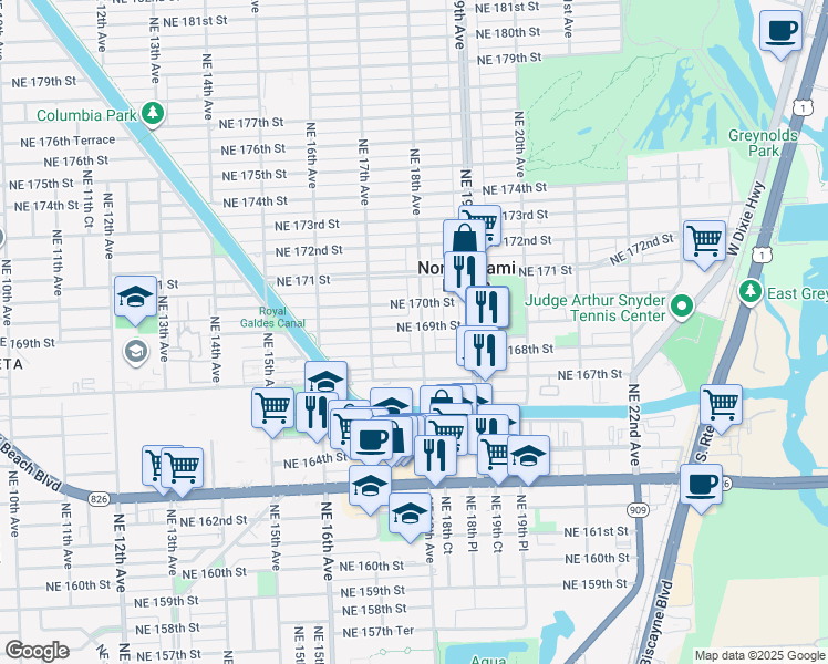 map of restaurants, bars, coffee shops, grocery stores, and more near 1793 Northeast 168th Street in North Miami Beach