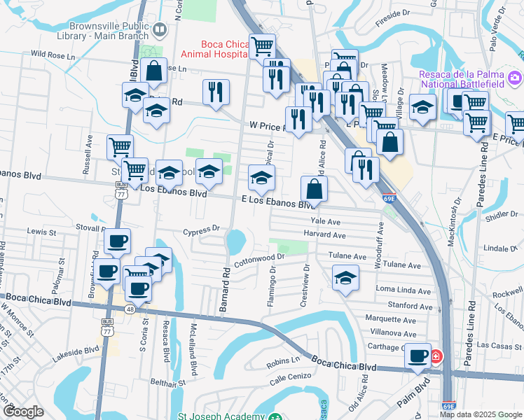 map of restaurants, bars, coffee shops, grocery stores, and more near 1300 East Los Ebanos Boulevard in Brownsville
