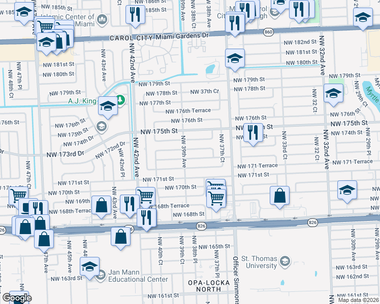 map of restaurants, bars, coffee shops, grocery stores, and more near 3880 Northwest 174th Street in Miami Gardens