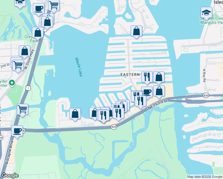map of restaurants, bars, coffee shops, grocery stores, and more near 3202 Northeast 166th Street in Miami