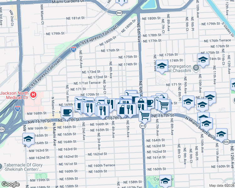 map of restaurants, bars, coffee shops, grocery stores, and more near 17090 Northeast 4th Place in North Miami Beach