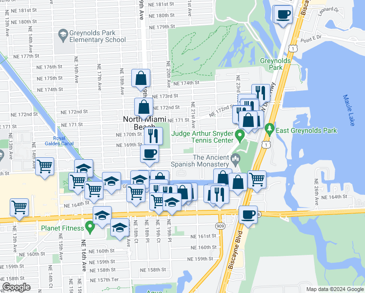 map of restaurants, bars, coffee shops, grocery stores, and more near 16930 Northeast 21st Avenue in North Miami Beach