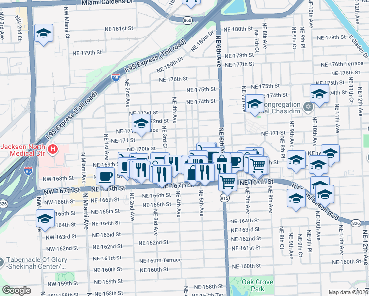 map of restaurants, bars, coffee shops, grocery stores, and more near 17090 Northeast 4th Place in North Miami Beach