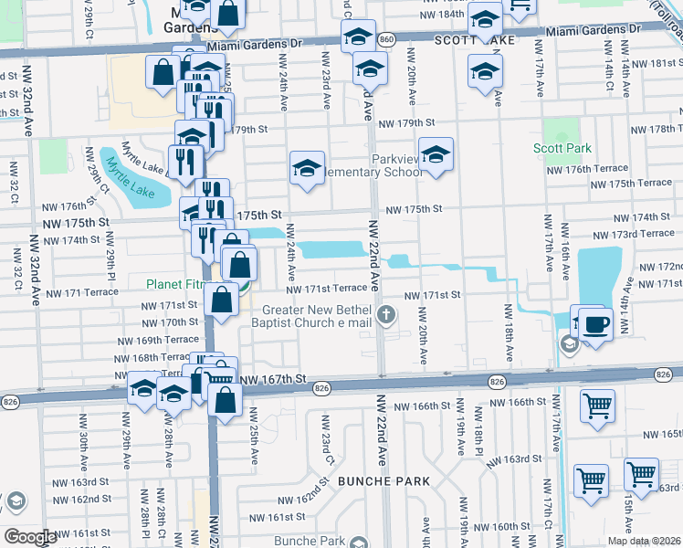 map of restaurants, bars, coffee shops, grocery stores, and more near 2241 Northwest 172nd Terrace in Miami Gardens