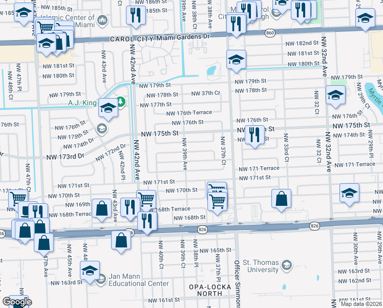 map of restaurants, bars, coffee shops, grocery stores, and more near 3880 Northwest 174th Street in Miami Gardens