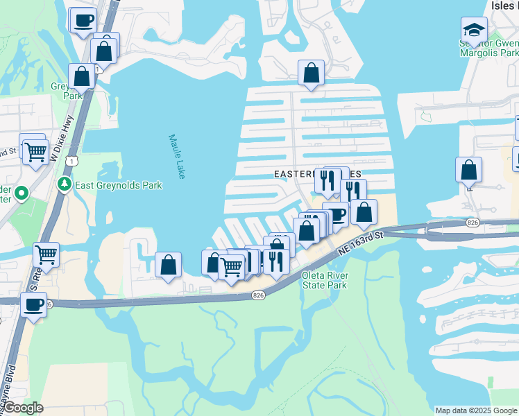 map of restaurants, bars, coffee shops, grocery stores, and more near 3321 Northeast 165th Street in North Miami Beach