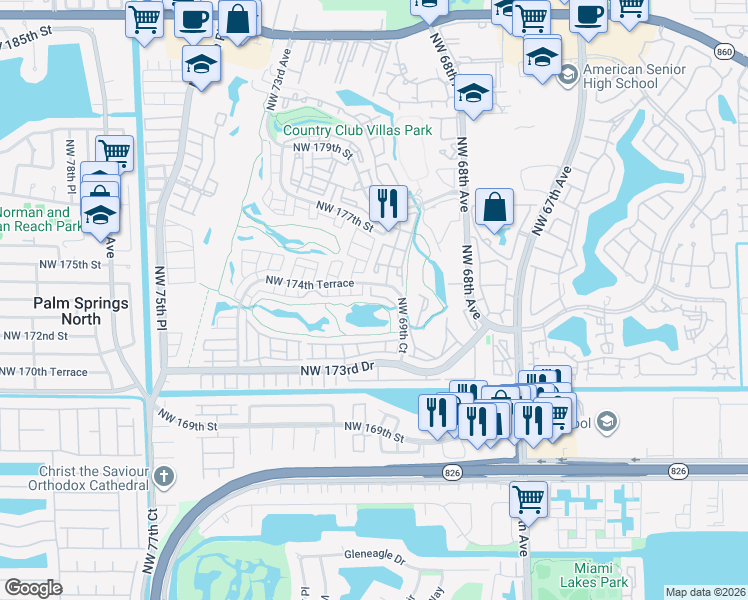 map of restaurants, bars, coffee shops, grocery stores, and more near 7040 Northwest 174th Terrace in Hialeah