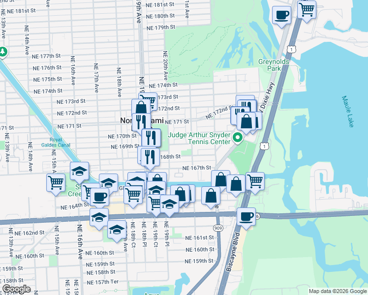 map of restaurants, bars, coffee shops, grocery stores, and more near 16930 Northeast 21st Avenue in North Miami Beach