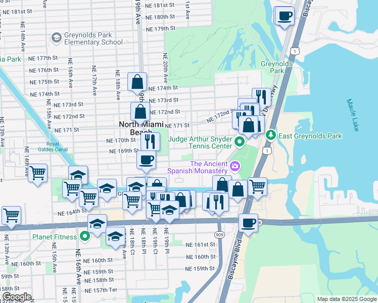map of restaurants, bars, coffee shops, grocery stores, and more near 16930 Northeast 21st Avenue in North Miami Beach