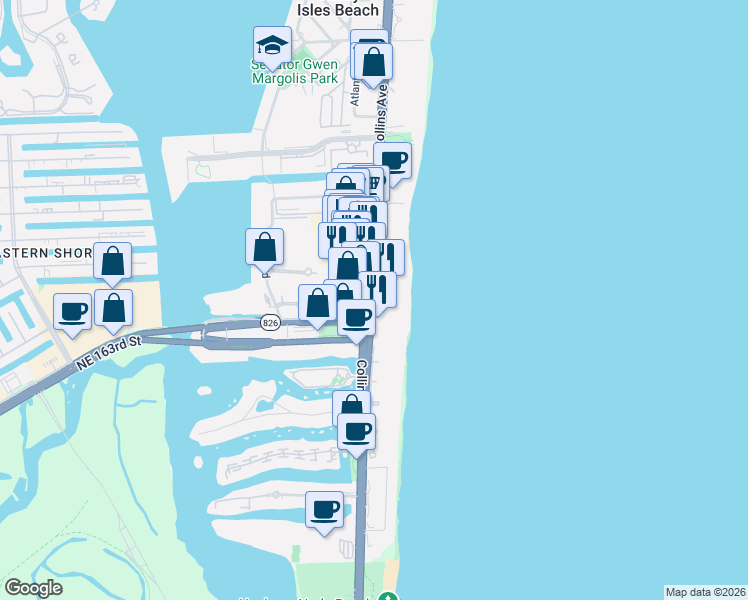 map of restaurants, bars, coffee shops, grocery stores, and more near 16713 Collins Avenue in Sunny Isles Beach