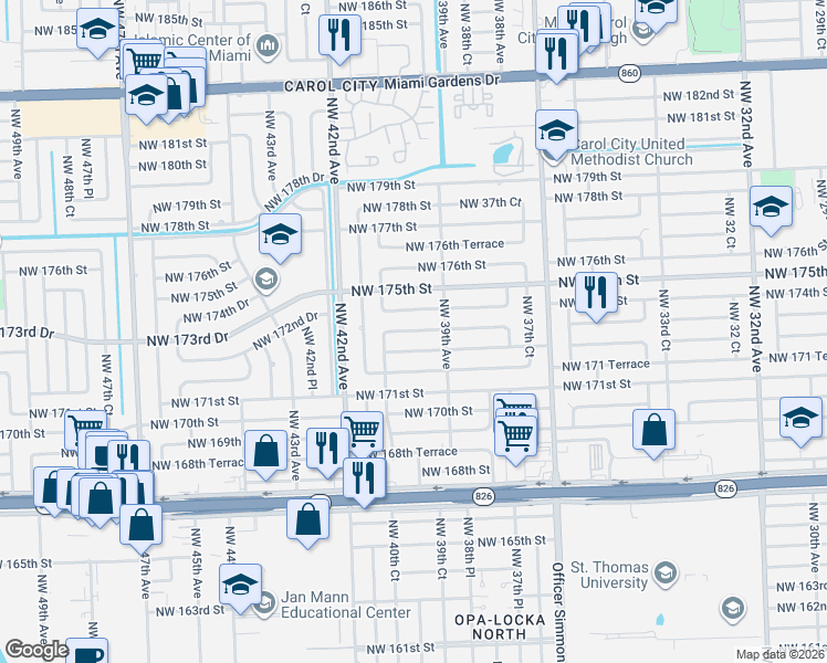 map of restaurants, bars, coffee shops, grocery stores, and more near 3960 Northwest 174th Street in Miami Gardens
