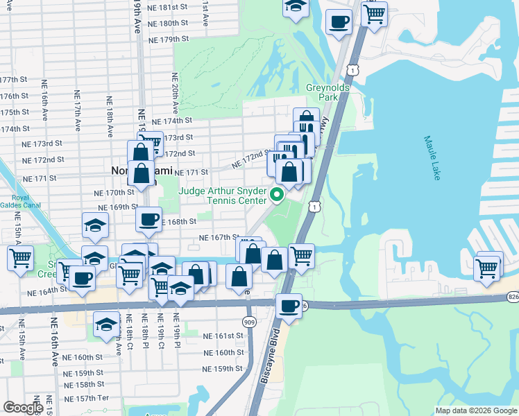map of restaurants, bars, coffee shops, grocery stores, and more near 16950 West Dixie Highway in North Miami Beach