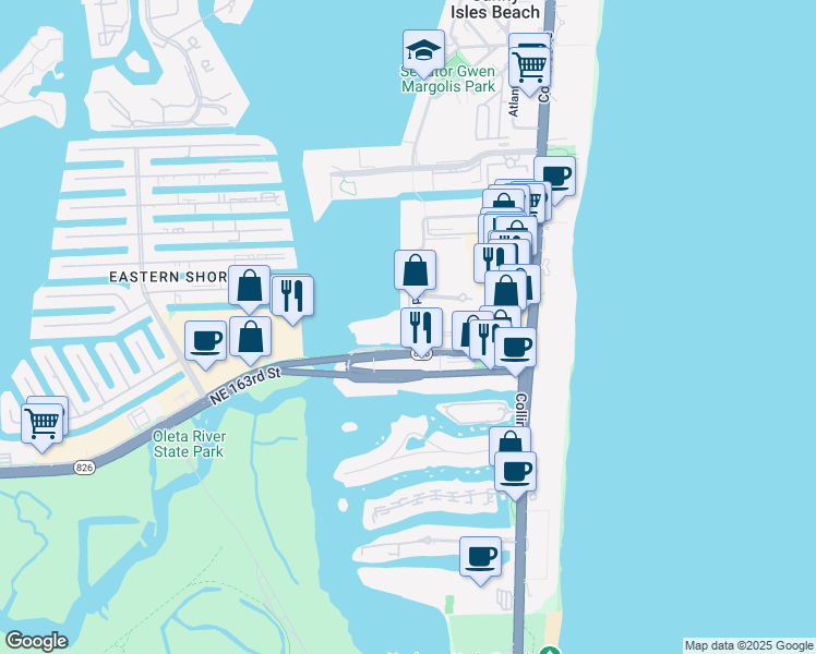 map of restaurants, bars, coffee shops, grocery stores, and more near 16950 North Bay Road in Sunny Isles Beach